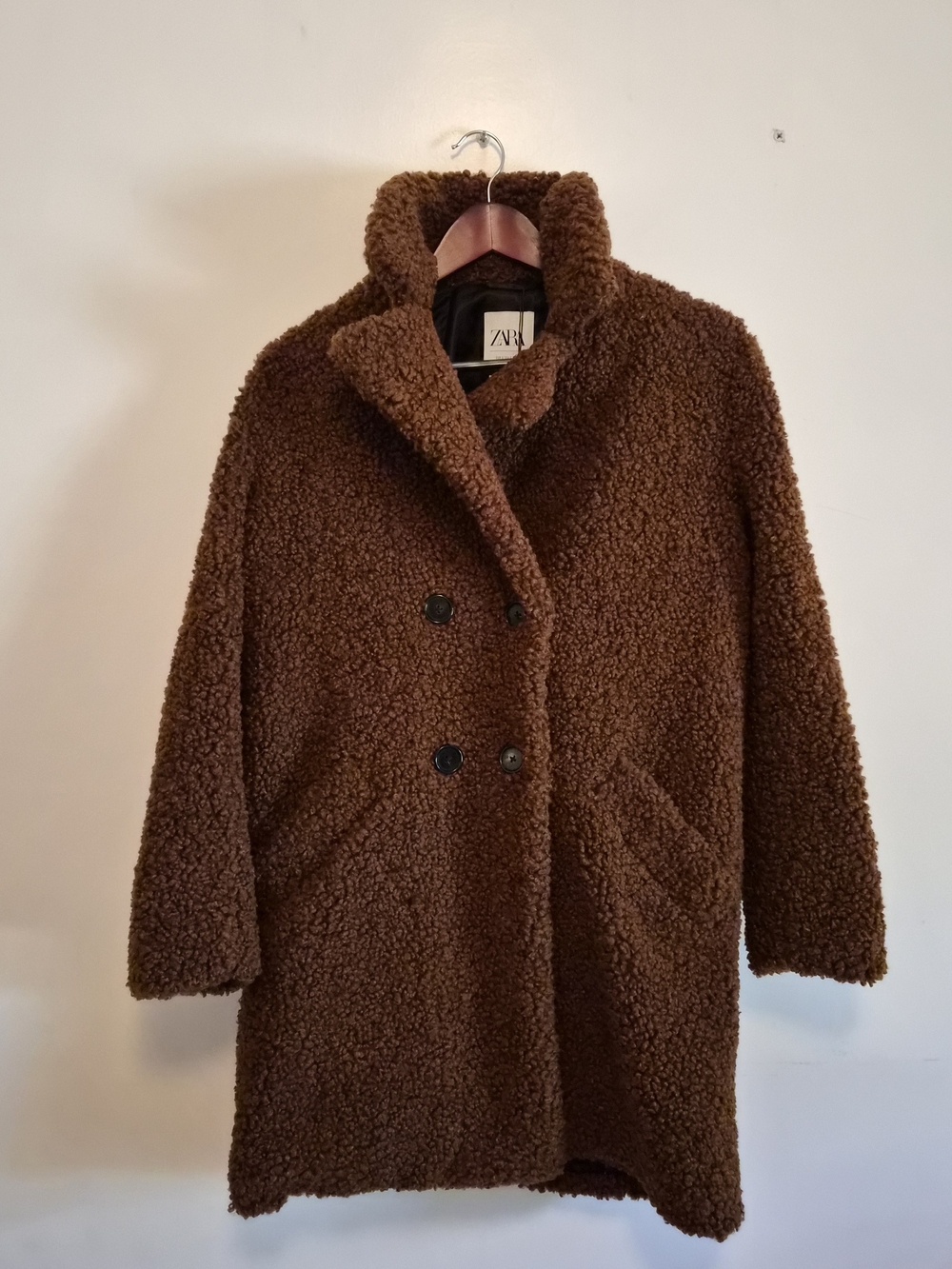 Zara Chocolate Brown Teddy Coat with Double-Breasted Front